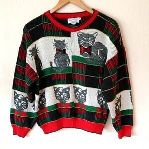 Vintage Cat Sweater Christmas Colors Cotton 80s 90s Sweater Loft